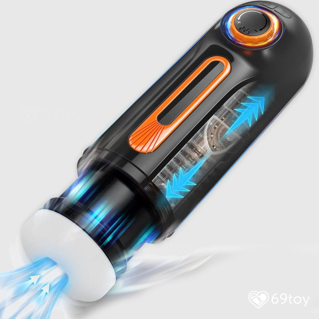 A black and orange automatic masturbator with blue light accents. The device appears compact and ergonomic, with buttons and a transparent section showing internal mechanics.