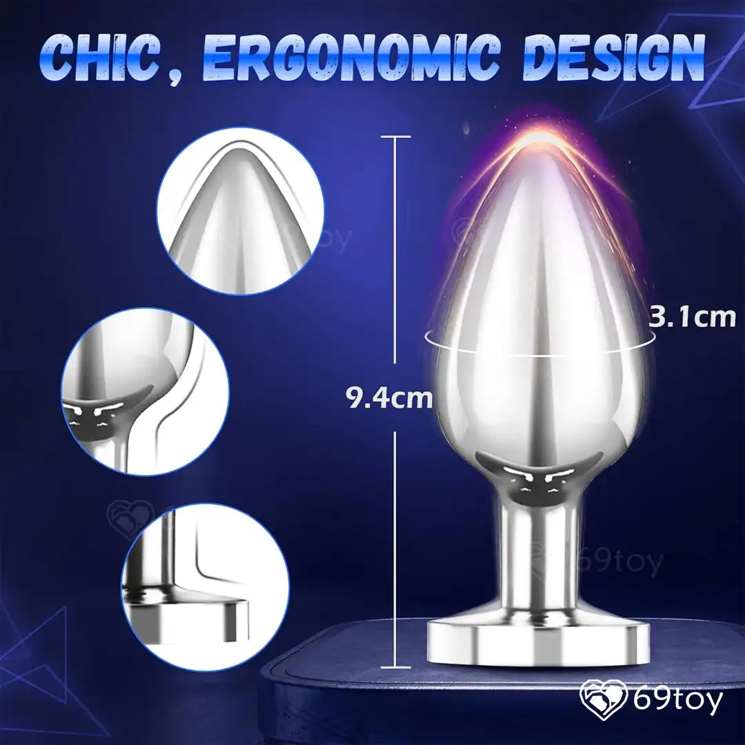 Metallic product with ergonomic design on a dark blue background, featuring measurements and '69toy' branding.