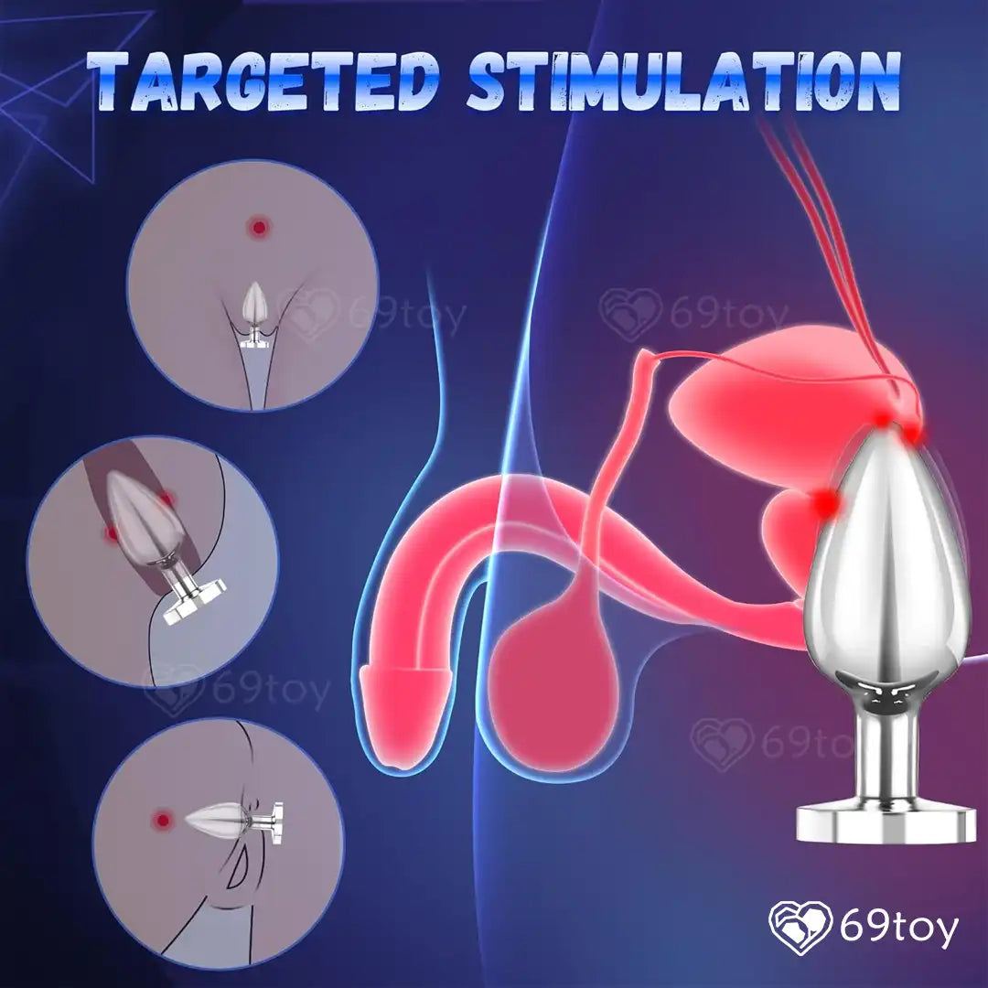 Illustration of targeted stimulation anal plug with anatomical diagram on a blue background