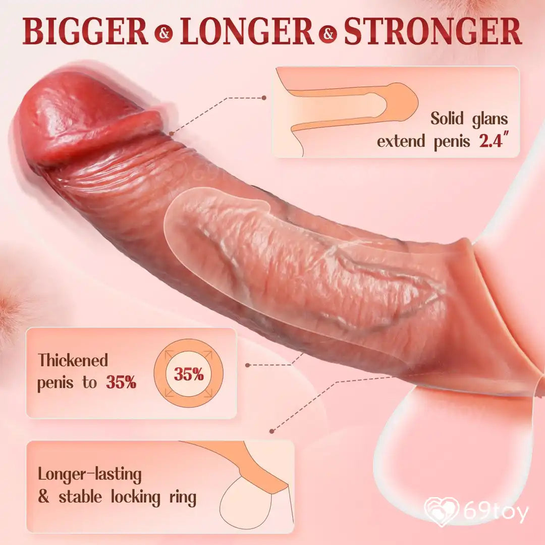 Illustration of a enlarged penile extension device with text highlighting features on a pink background.