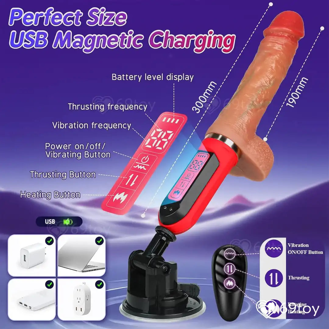 Thrusting Sex Machine having USB charging cable and digital display on a purple background