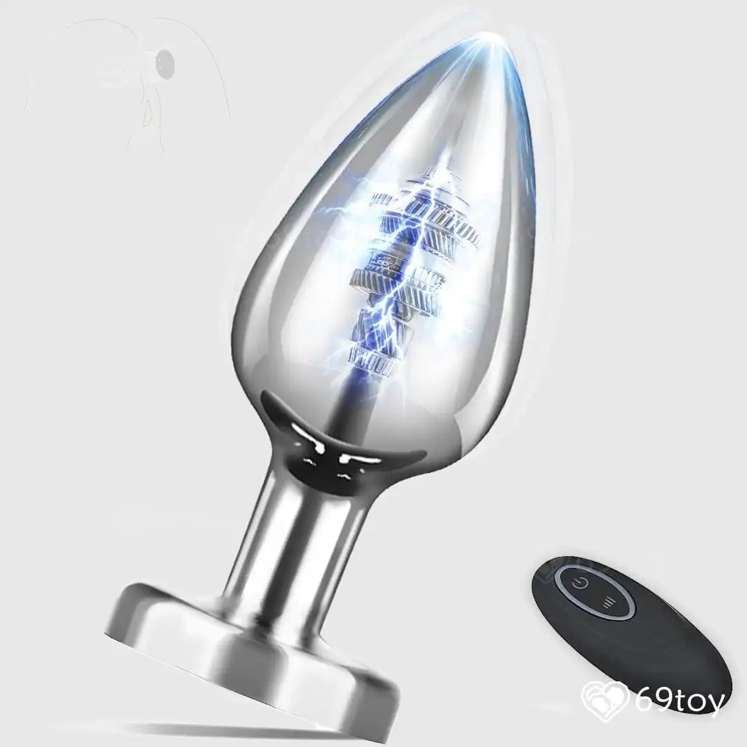 Metallic butt plug with remote control on a white background