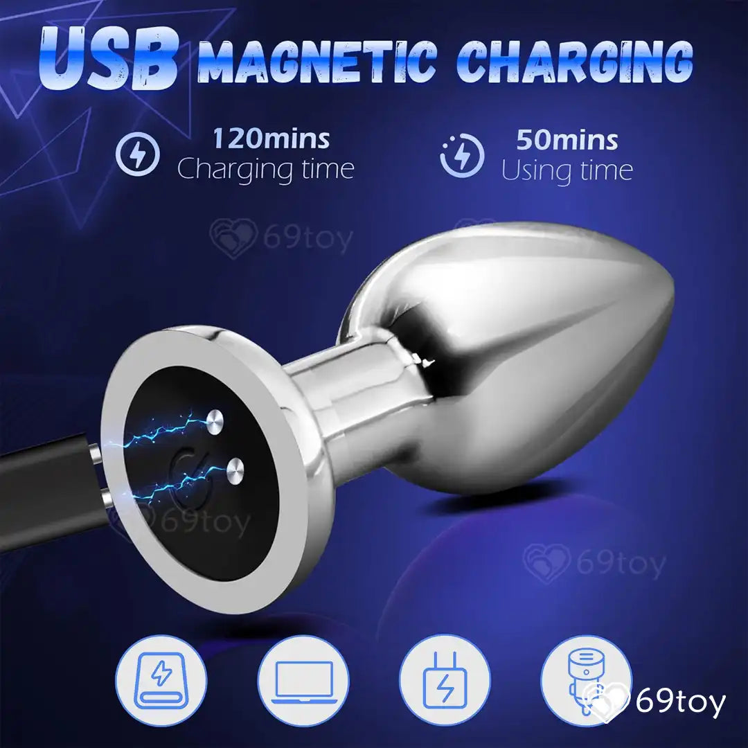 Metallic butt plug with USB magnetic charging features on a blue background, featuring the brand '69toy'.