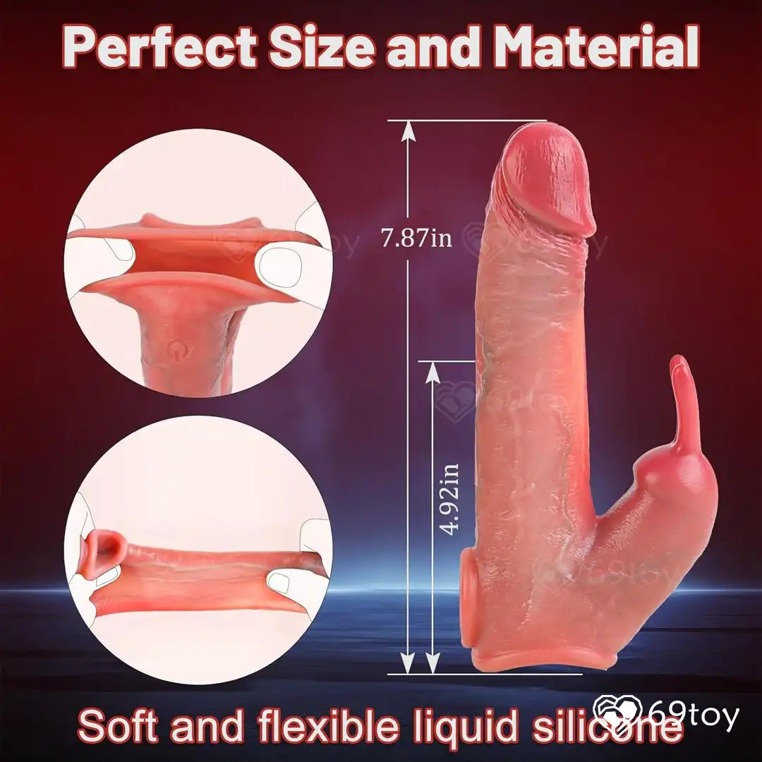 Measurement chart of a soft and flexible liquid silicone product with close-up insets on a dark background.