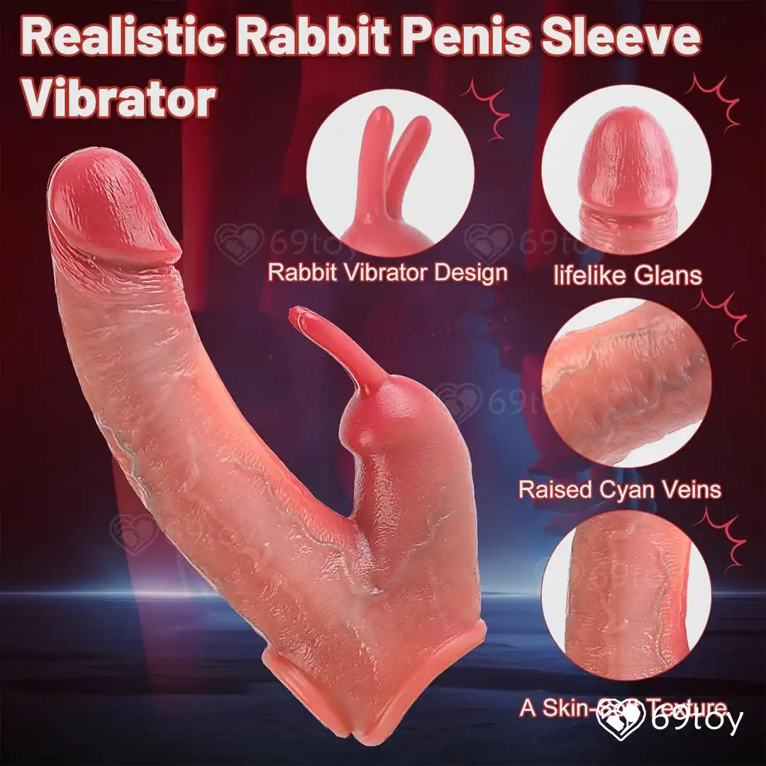 Realistic rabbit penis sleeve vibrator with detailed features on a dark background