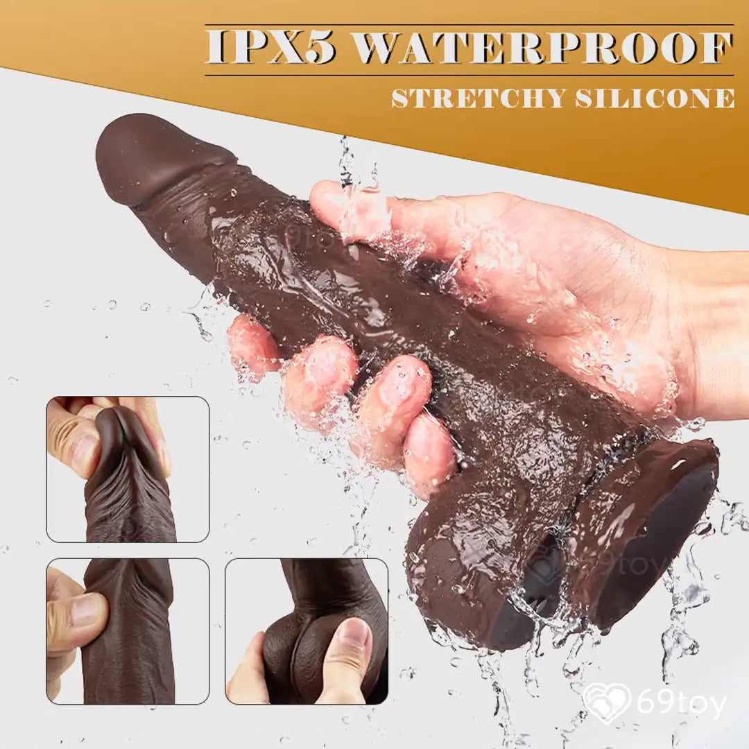 Brown silicone dildo being stretched and shown to be waterproof with water splashes.