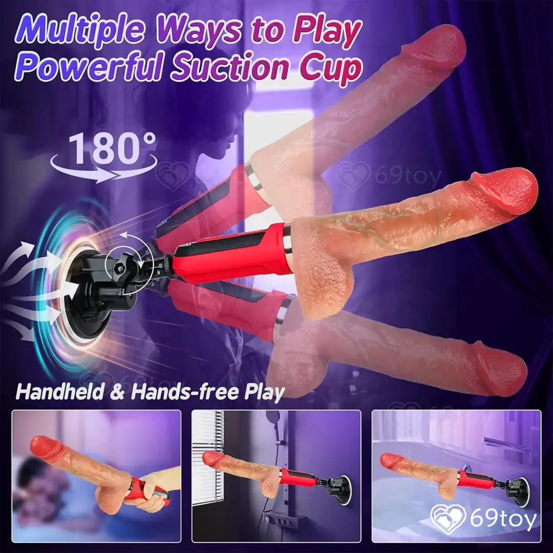 Thrusting Sex Machine with a  suction cup text on multiple ways to play and 69toy branding.