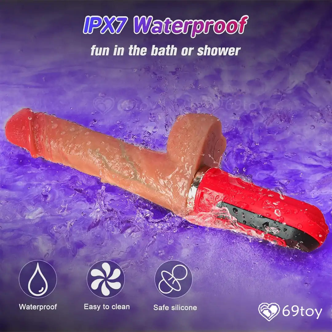 Thrusting Sex Machine with water splashes on a purple background, featuring IPX7 waterproof text.