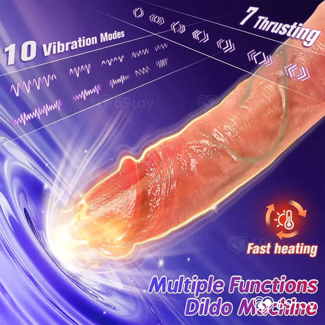 Product advertisement for a dildo Machine with vibration modes and fast heating feature on a blue background.