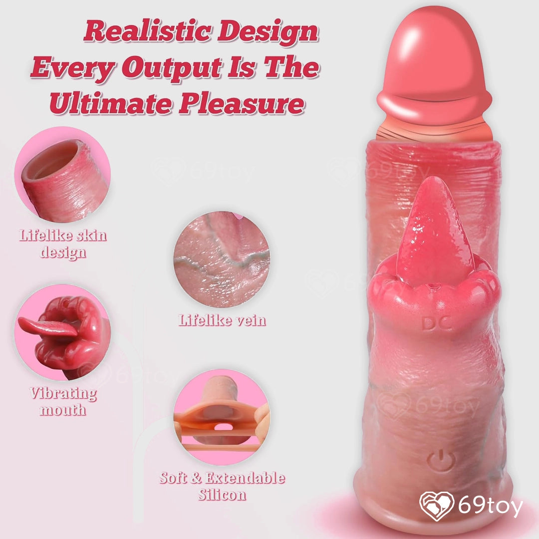 Vibrating Sleeve With Remote with features highlighted on a white background, including 'Lifelike skin design', 'Vibrating Tongue-Licking', and 'Soft & Extendable Silicon'.