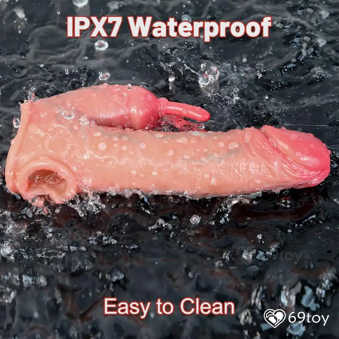 Penis Sleeve with water droplets on a dark background, labeled 'IPX7 Waterproof' and 'Easy to Clean'.