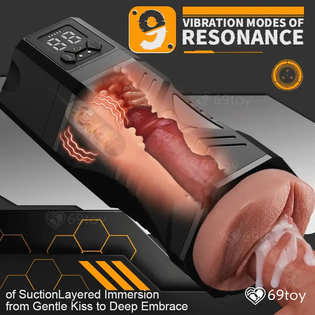 Product with digital display and text about vibration modes on a dark background