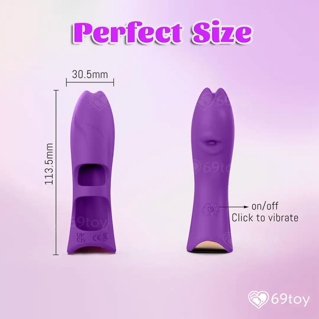 sexual  toy with measurements and branding on a purple background