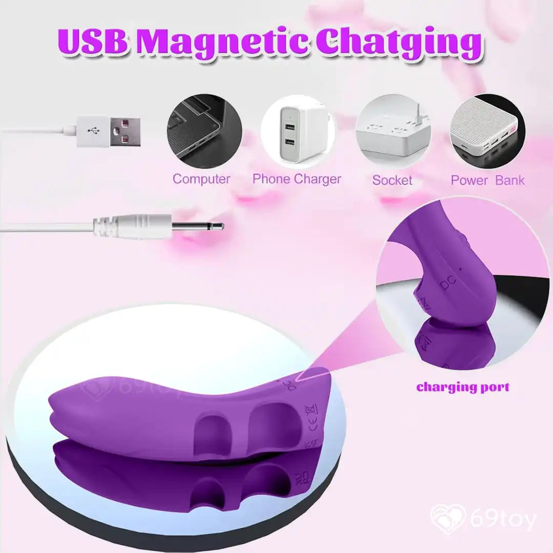 Vibrator with USB magnetic charging device with various connection options on a pink background
