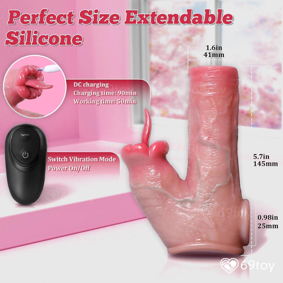 Extendable silicone sleeve with charging device and specifications on a pink background