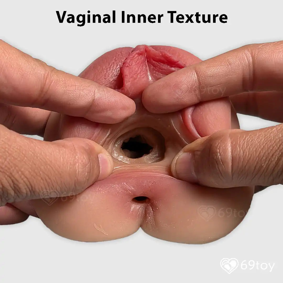 Close-up of a vagina , person's hands examining a silicone model of a with text 'Vaginal Inner Texture' and '69toy' logo.