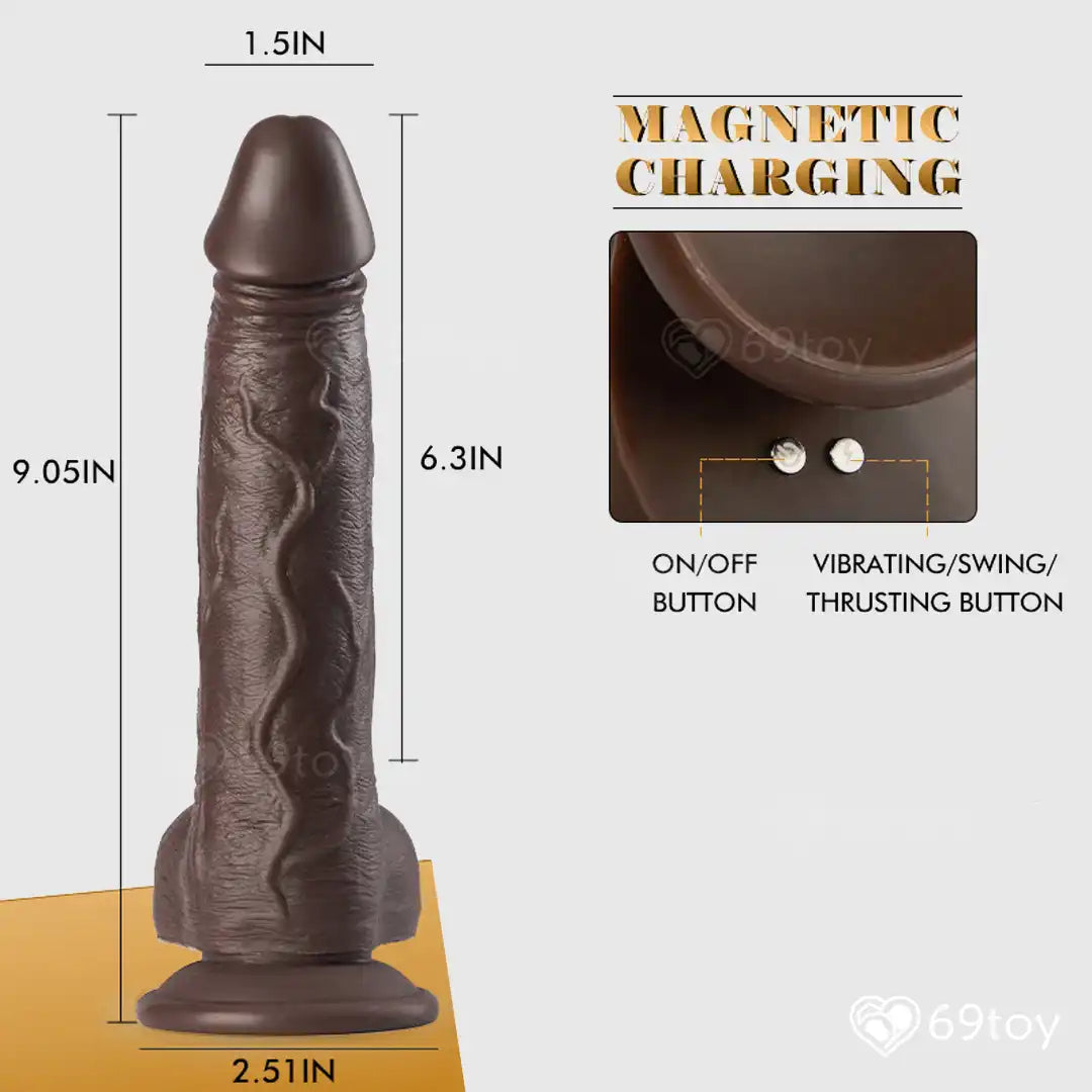 Wilson dildo  with dimensions and button functions labeled, featuring .