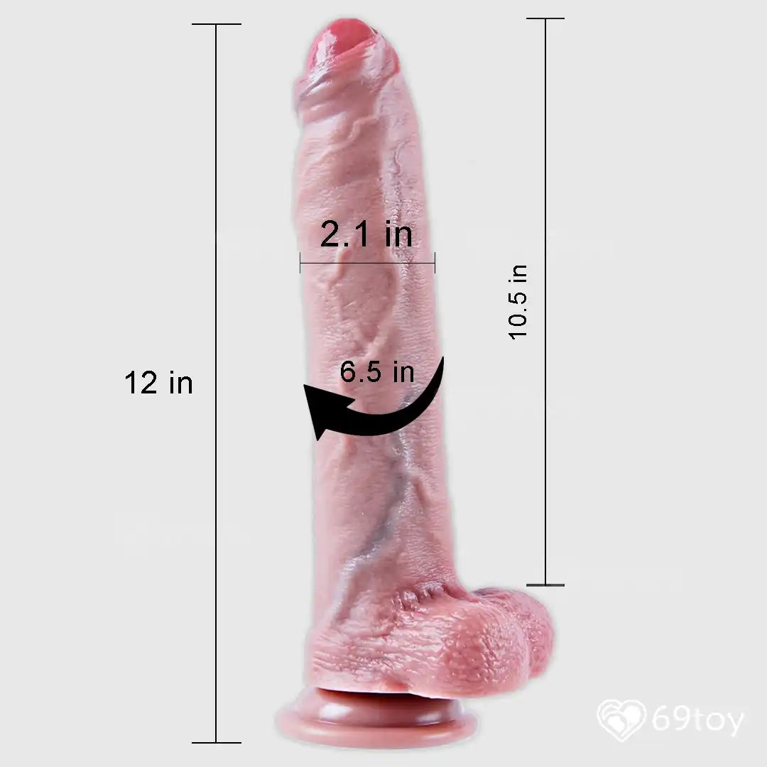 Measurement chart of a Realistic silicon dildo with dimensions labeled on a white background.