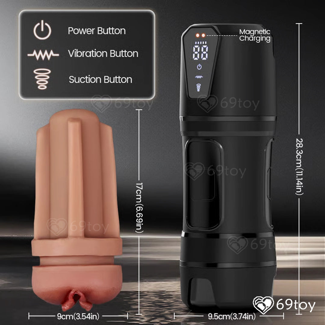  pink vagina sleeve and Black electronic device with labeled buttons and dimensions on a dark background