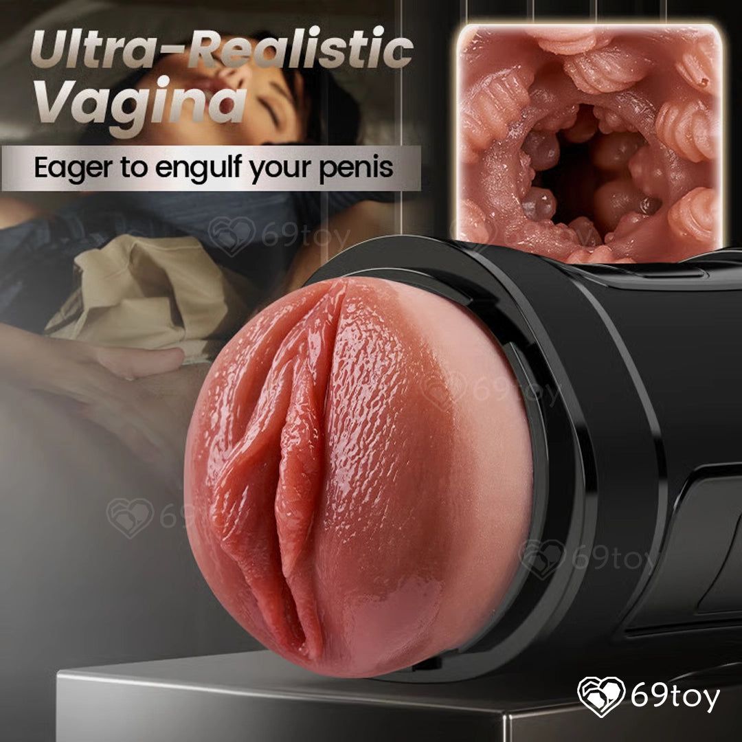Ultra-realistic vagina toy with close-up inset and promotional text, featuring the brand '69toy'.