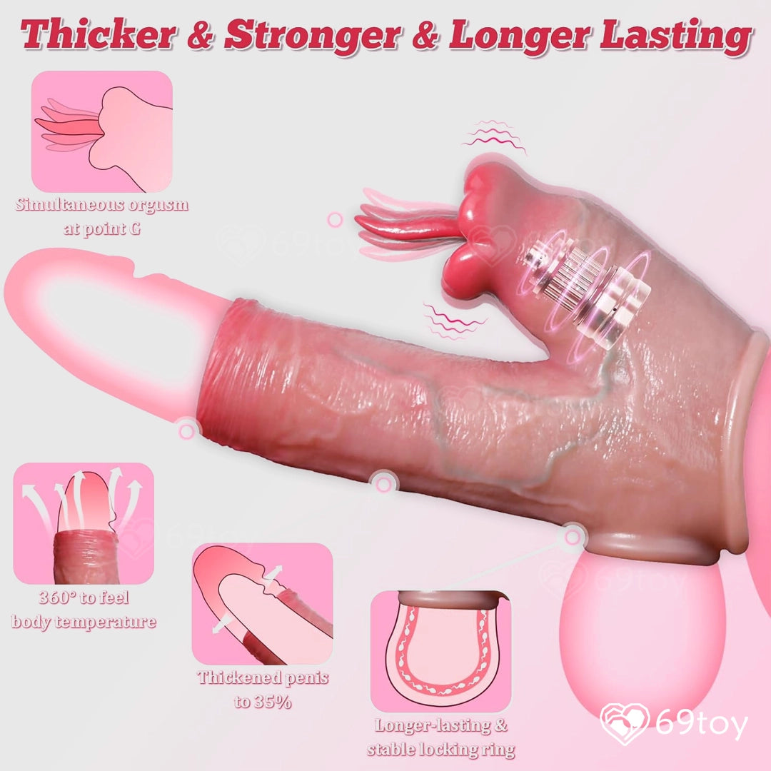 Product illustration with text 'Thicker & Stronger & Longer Lasting' and features of a Vibrating Licking Tongue sleeve 